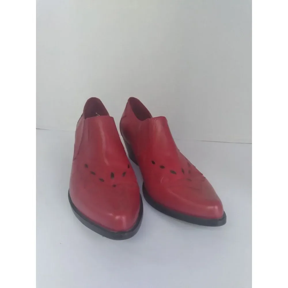 Vintage Red Leather Western Ankle Boots‎ with Cutout Detail Low Cuban Heel